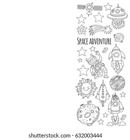 Space, satellite, moon, stars, spacecraft, space station Space hand drawn doodle icons and patterns