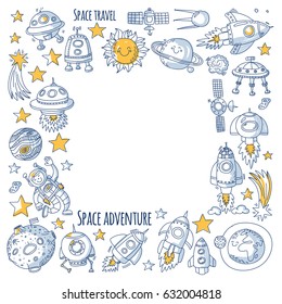 Space, satellite, moon, stars, spacecraft, space station Space hand drawn doodle icons and patterns