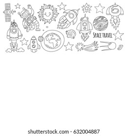 Space, satellite, moon, stars, spacecraft, space station Space hand drawn doodle icons and patterns