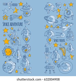 Space, satellite, moon, stars, spacecraft, space station Space hand drawn doodle icons and patterns