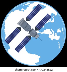 Space satellite on a background of the planet Earth. The illustration on a black background.