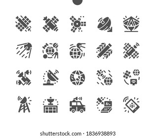 Space satellite orbiting the Earth. Communication technology. Global world network. Exploration of space. Vector Solid Icons. Simple Pictogram