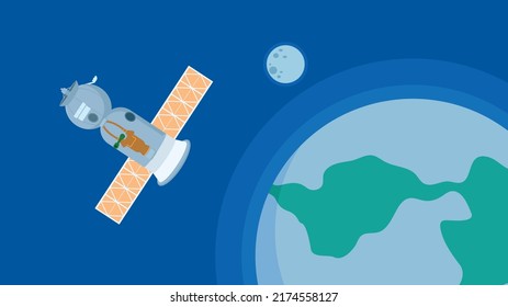 Space satellite orbiting the earth and the moon in the background