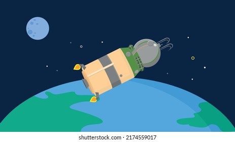 Satélite espacial orbitando la tierra y la luna en segundo plano