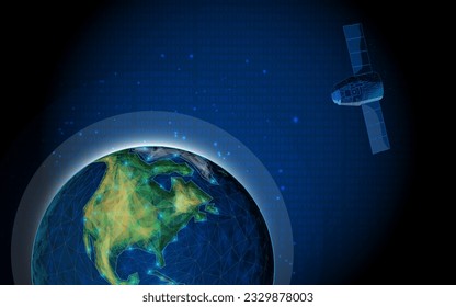 Space satellite orbiting the Earth at the wireframe low poly style, triangles and dots. vector illustration. technology