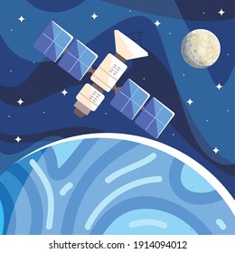 Weltraum-Satellit, der den Planeten Mond umkreist, Sternenhimmel, Kosmosenerforschung, Vektorgrafik