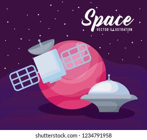 space satellite with planet and spaceship