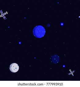 Space. Satellite. Planets and stars in a flat style. Seamless pattern
