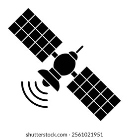 Space satellite with radio waves vector icon. Communication symbol for space technology, global networks, and telecommunication design. Black silhouette isolated on white background.