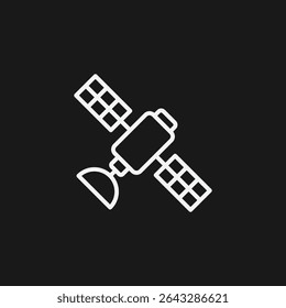 Space Satellite with Solar Panels on Black Background, Representing Communication or Exploration, White Outline Icon