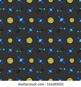 Space Satellite Telescope and Asteroid Seamless Pattern. Vector background
