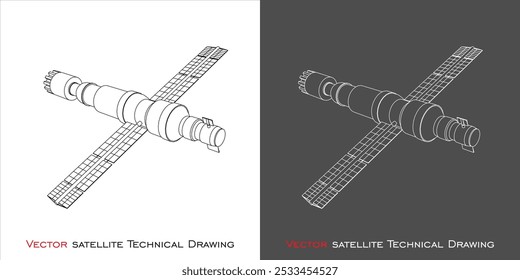 space satellite vector. For Communication and Telecommunications. technical line drawing blueprint on transparent background