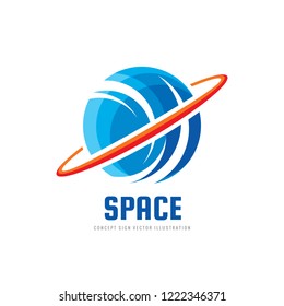 Space satellite vector logo in classic graphic style. Astronomy sign. Abstract planets symbol. Solar system concept illustration. Galaxy.