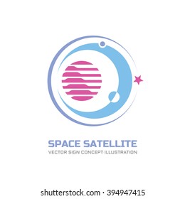 Space Satellite Vector Logo In Classic Graphic Style. Astronomy Sign. Abstract Planets Symbol. Solar System Concept Illustration. Galaxy.