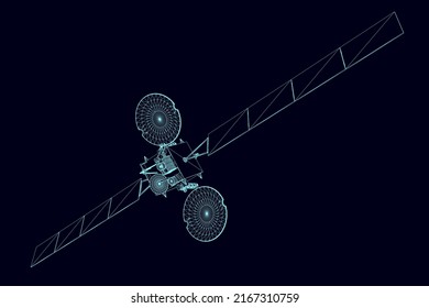 Space satellite wireframe from blue lines isolated on dark background. Perspective view. 3D. Vector illustration.