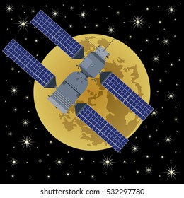 Space satellites in Earth orbit. Satellites in space against the background of Moon.