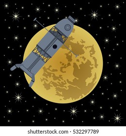 Space satellites in Earth orbit. Satellites in space against the background of Moon.
