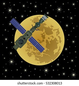Space satellites in Earth orbit. Satellites in space against the background of Moon.