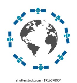 Space satellites in eccentric orbits around the Earth. Vector illustration
