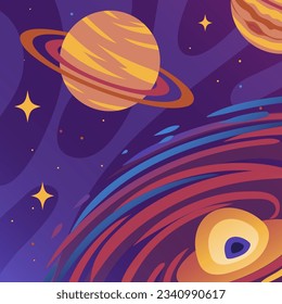Space with Saturn and black hole or nebula vector illustration. Cartoon drawing of planets and stars in outer space. Astronomy, space, exploration, science concept