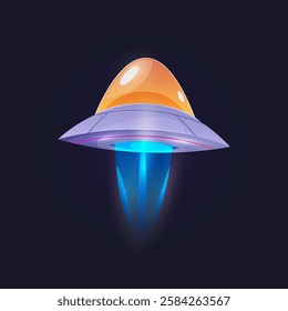 Space sauce of ufo aliens, isolated spacecraft with glowing. Vector shuttle of extraterrestrial creatures. Ship for exploring cosmos and galaxy, adventures and scientific search in galaxy