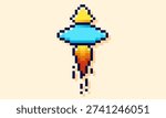 Space saucer with Jet stream. Pixel art game UFO.
