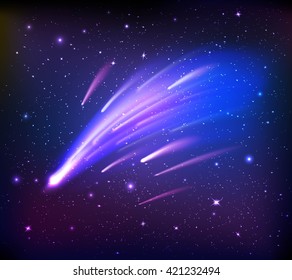 Space scene with falling comets on background with stars and dark sides flat vector illustration