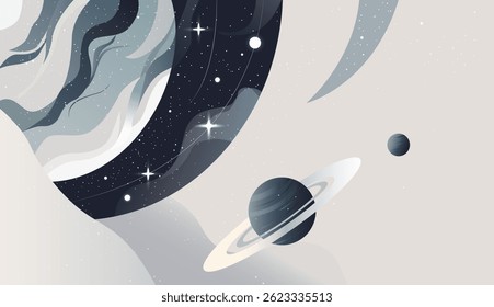 Space scene in a flat style. Futuristic space background with planets. Fantastic universe