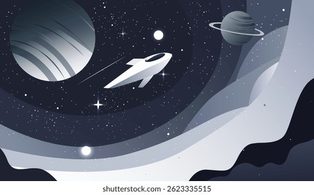 Space scene in a flat vector style. Spaceship, rocket. Futuristic space illustration. Fantastic universe