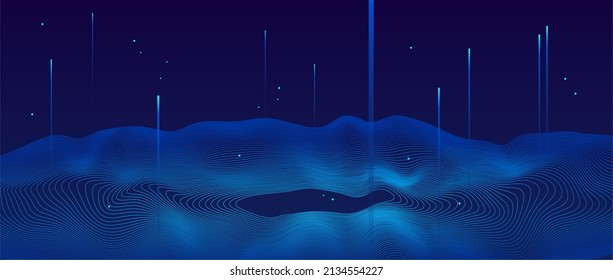 Space scene with geometric mesh simulating surface, mesh surface, mesh perspective vector, modern technology illustration background 