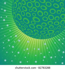 Space scene in green with planet with craters plus stars