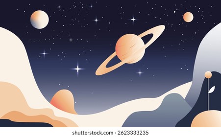 Space scene. Hot surface of the planet. Futuristic space illustration. Fantasy universe with bright stars