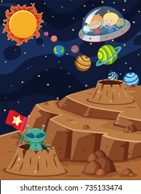 Space scene with kids riding in spaceship  illustration