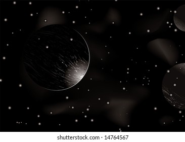 Space scene with light creeping around a distant planet