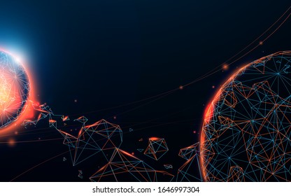 Space scene with planets, meteorite and galaxies form lines, triangles and particle style design