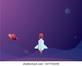 Space scene with planets, space shuttle and stars. Rocket launch from planet surface. Startup business symbol. Eps10 illustration.