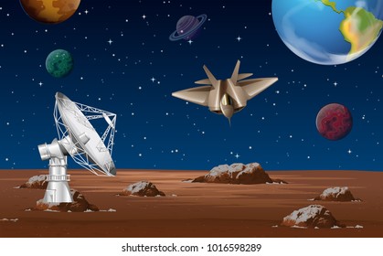 Space scene with satellite dish and spaceship  illustration