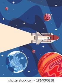 escena espacial con planetas de nave espacial, estrellas y galaxias en la ilustración de vectores de exploración externa