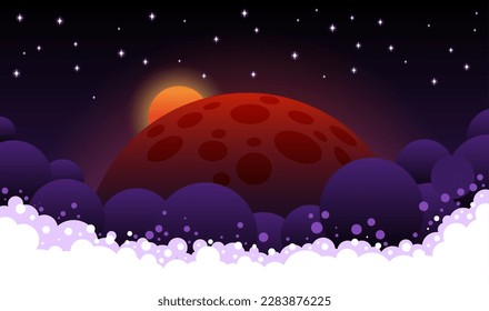 Space scene with swirling clouds, dark red planet and moonrise, stars in the backdrop. Vector illustration