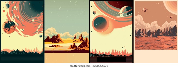 Space sceneries colorful set flyers with deserted earth and low hanging planets for apocalypse books decor vector illustration