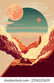 Space scenery vintage poster colorful with smoking volcano craters on surface of red planet and moon in sky vector illustration