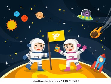 Space scenes. Astronaut  on the planet with a alien spaceship.