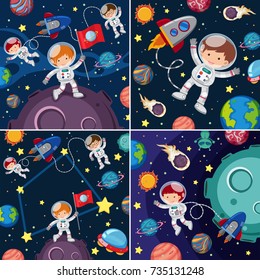 Space scenes with astronauts and planets illustration