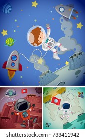 Space scenes with astronauts and spaceships illustration
