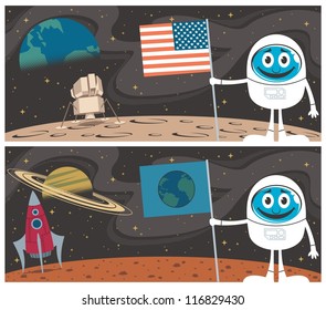 Space Scenes: Cartoon illustrations of the Moon Landing and Mars Landing.  No transparency and gradients used.