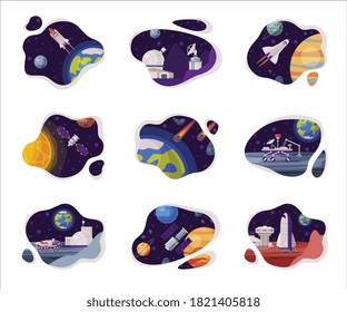 Space Scenes Set, Cosmos Industry Exploration Concept Themed Vector Illustration Backgrounds