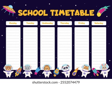 Space school timetable with space elements and animals astronauts.
