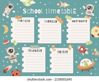 Space School Timetable, Lesson Schedule template. Vector illustration. Week Chart with Astronauts, Aliens and Planets on space background