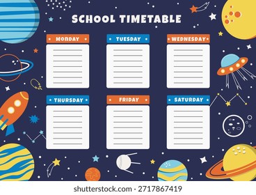 Horario de la escuela espacial. Horario Plantilla con estrellas, planetas, nave espacial. Regreso a la escuela. Programa con fondo de espacio. Ilustración vectorial.