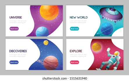 Space science exploration discoveries innovations 4 web horizontal banners design with celestial bodies astronaut spacecraft vector illustration 